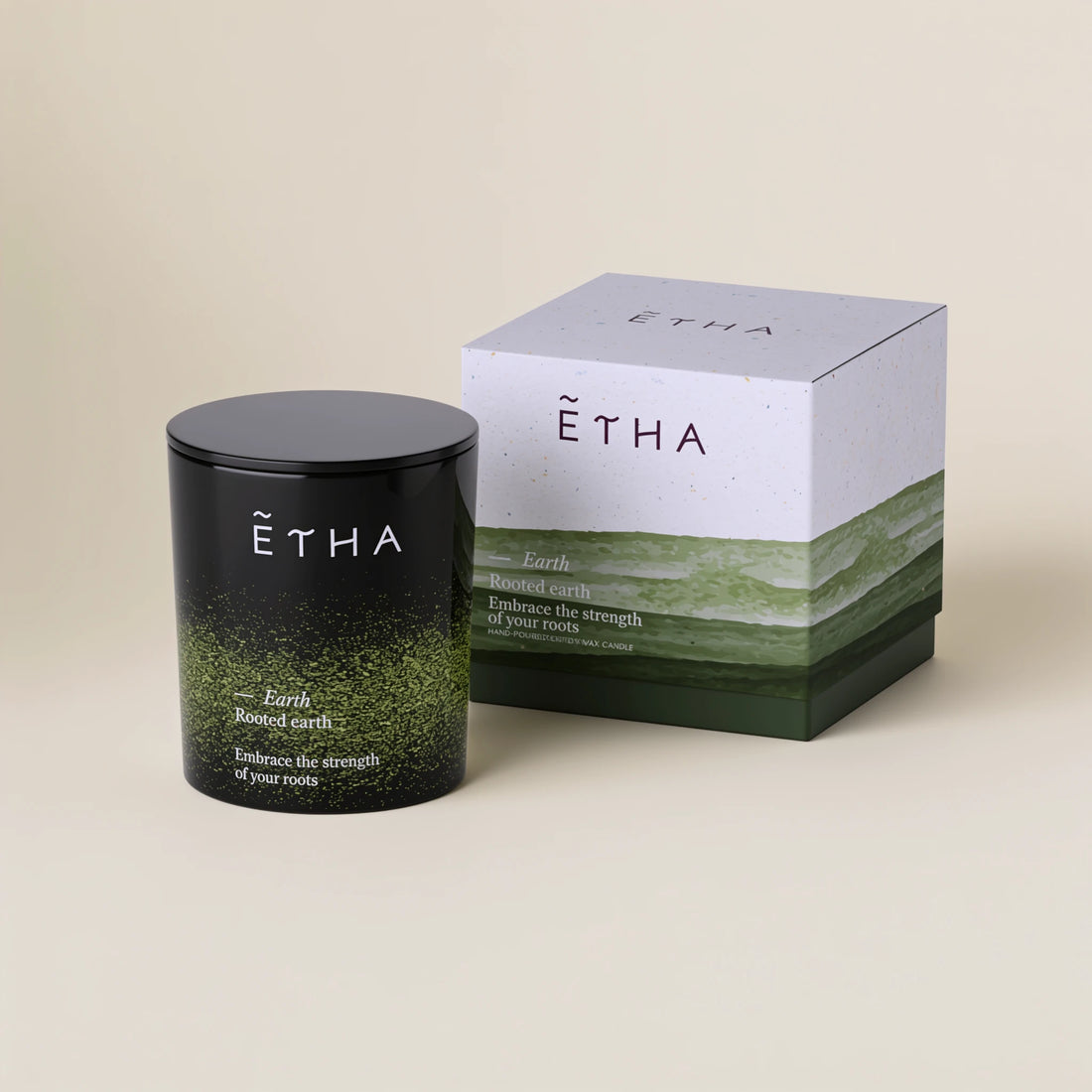 ETHA Five Elements candle, Earth scent, jar and box, top view