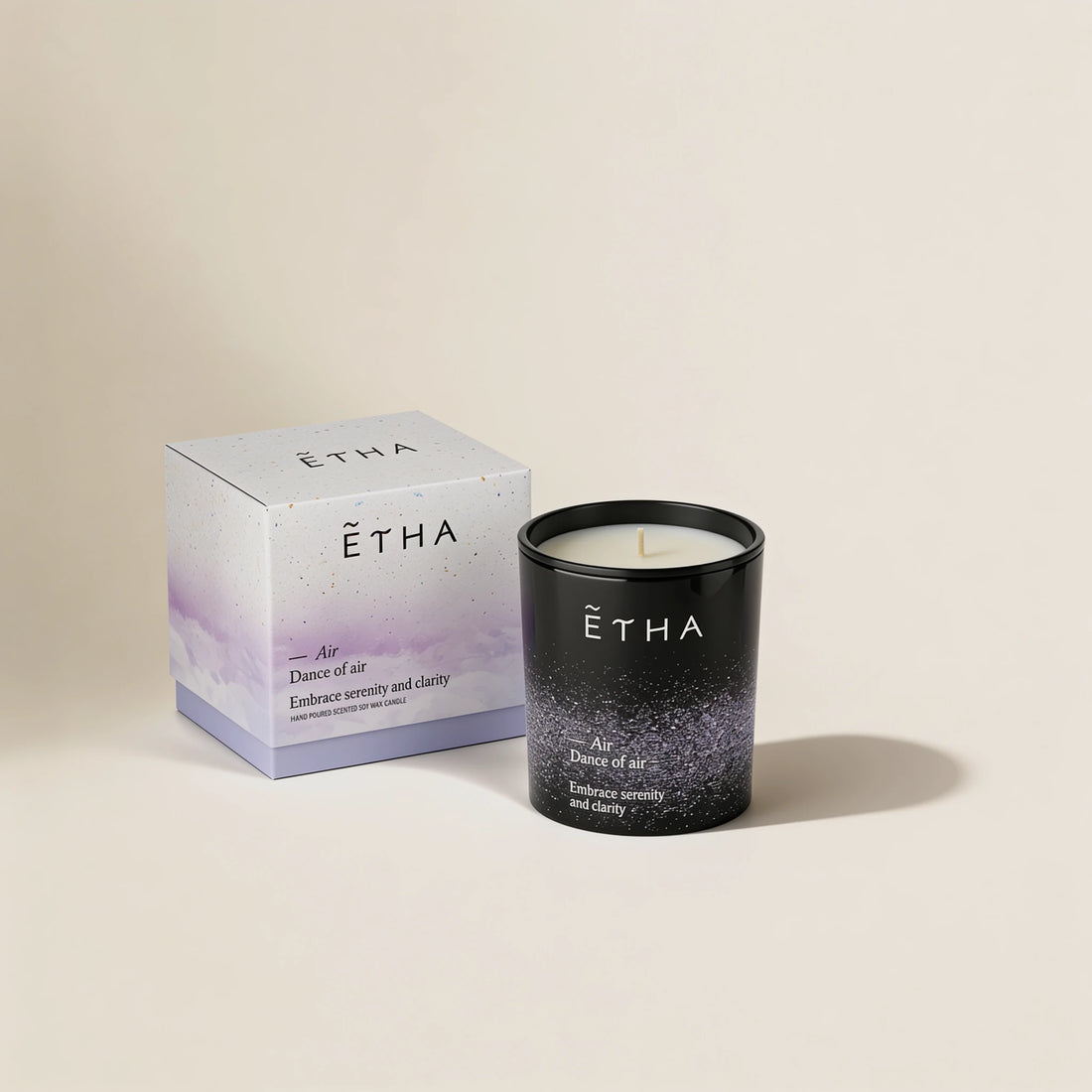 ETHA Five Elements candle, Air scent, jar and box, top view