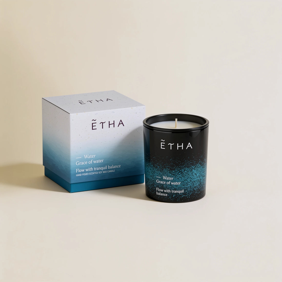 ETHA Five Elements candle, Water scent, jar and box, top view