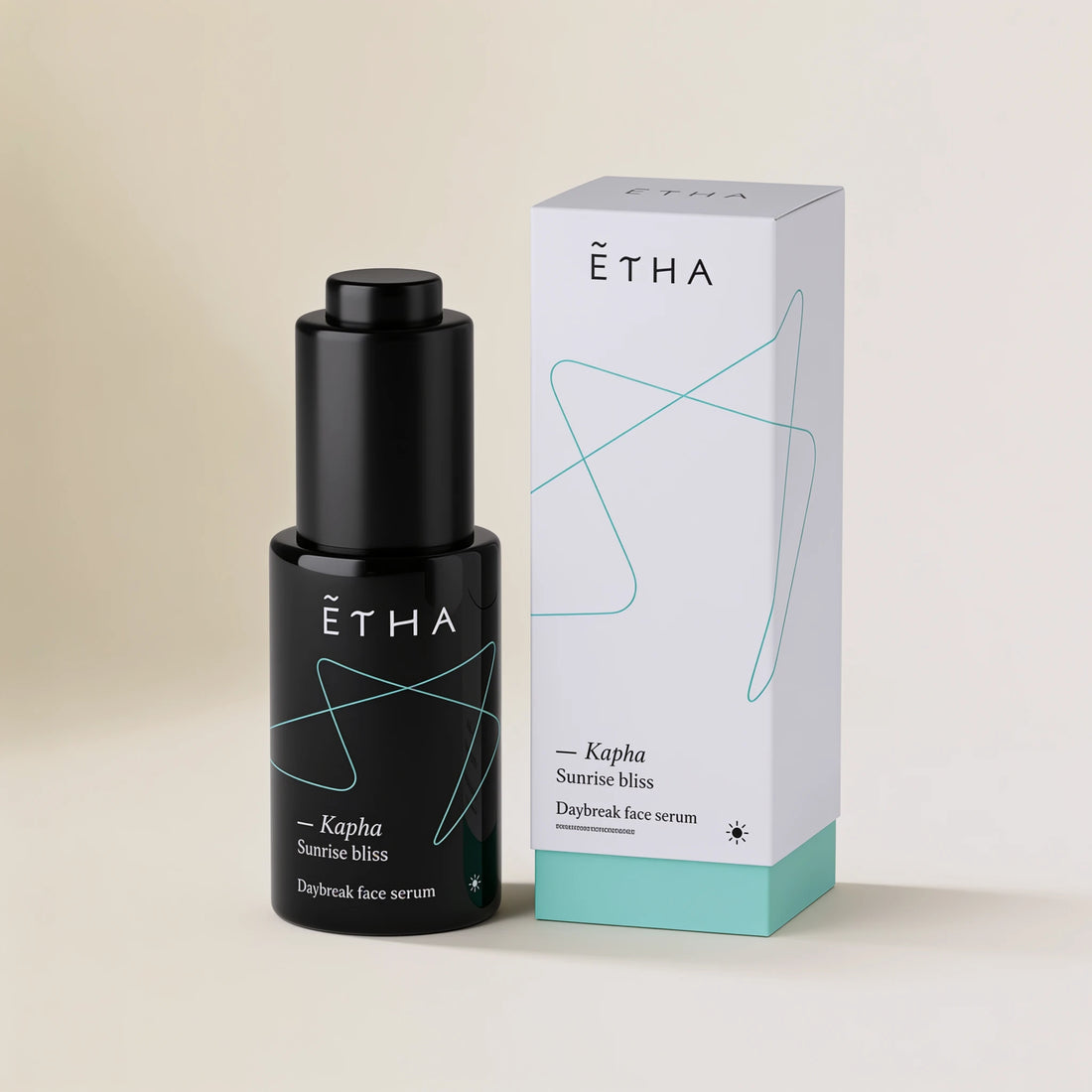 ETHA Kapha face serum bottle and box, top view
