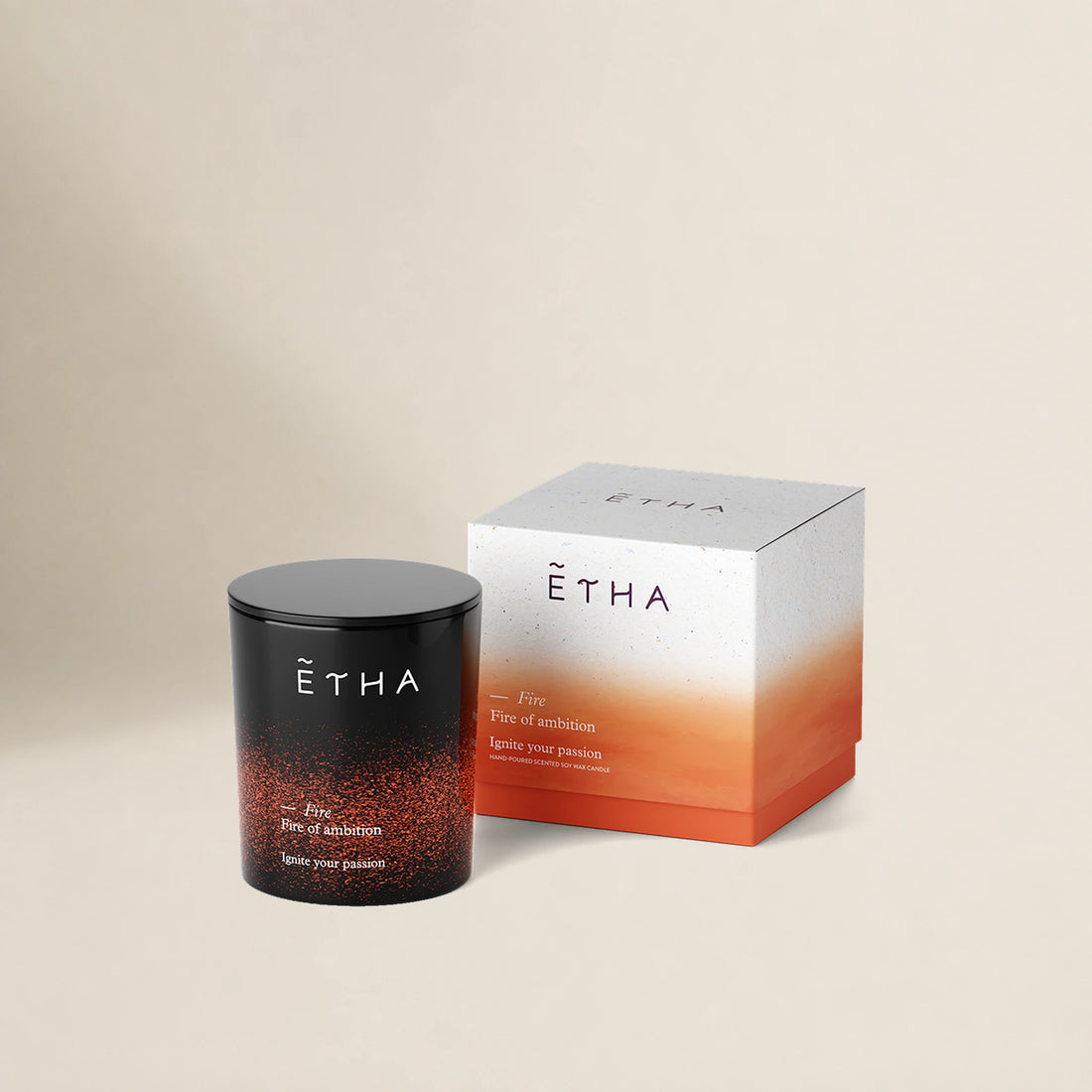ETHA Five Elements candle, Fire scent, jar and box, top view