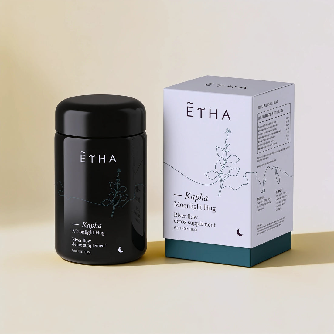ETHA supplement jar, Kapha River Flow blend, jar and box