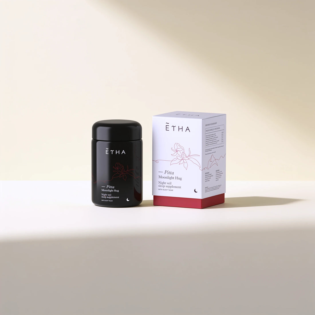 ETHA supplement jar, Pitta Night Veil blend, jar and box
