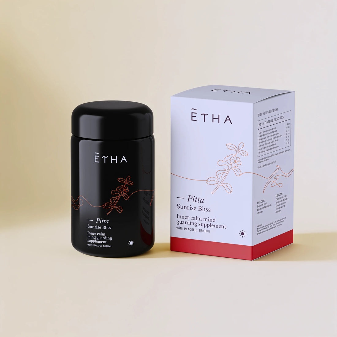 ETHA supplement jar, Pitta Inner Calm blend, jar and box
