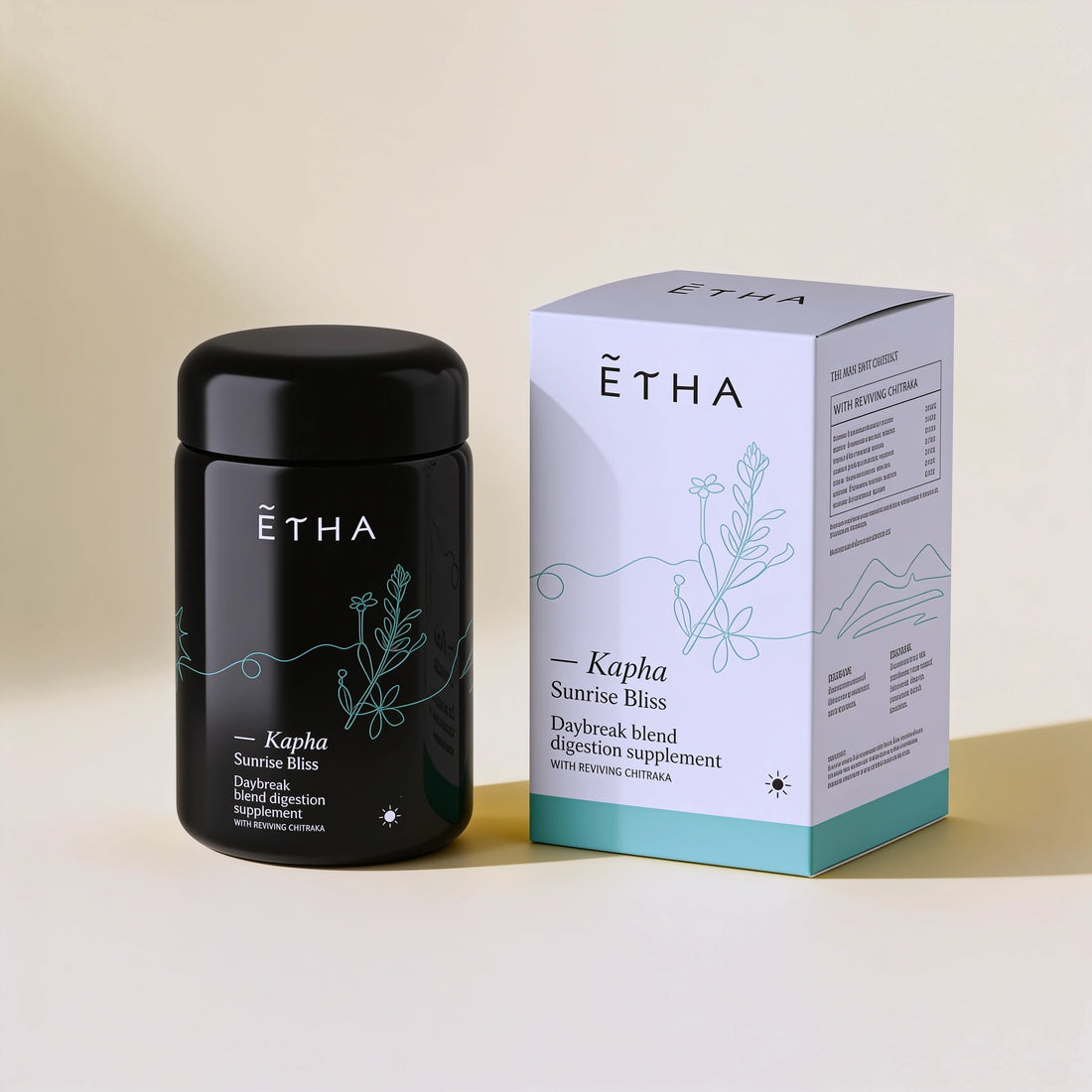 ETHA supplement jar, Kapha Daybreak Blend, jar and box