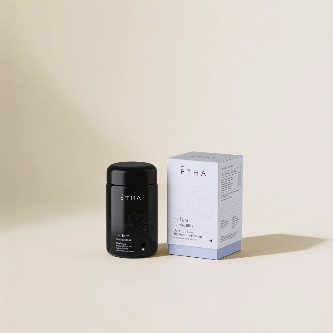 ETHA supplement jar, Vata Daybreak Blend, jar and box