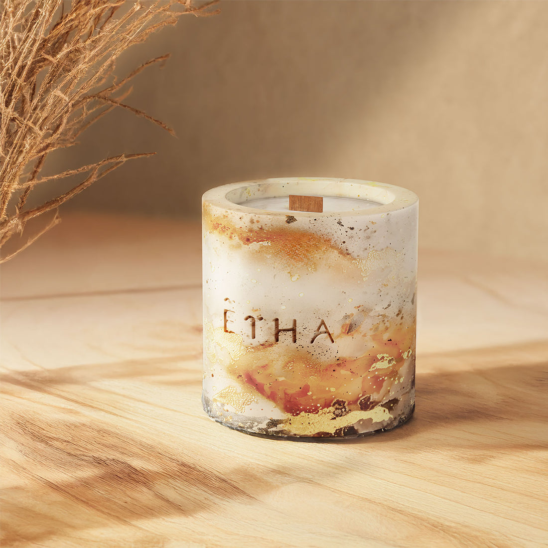ETHA Wisdom of Earth candle, lit and styled