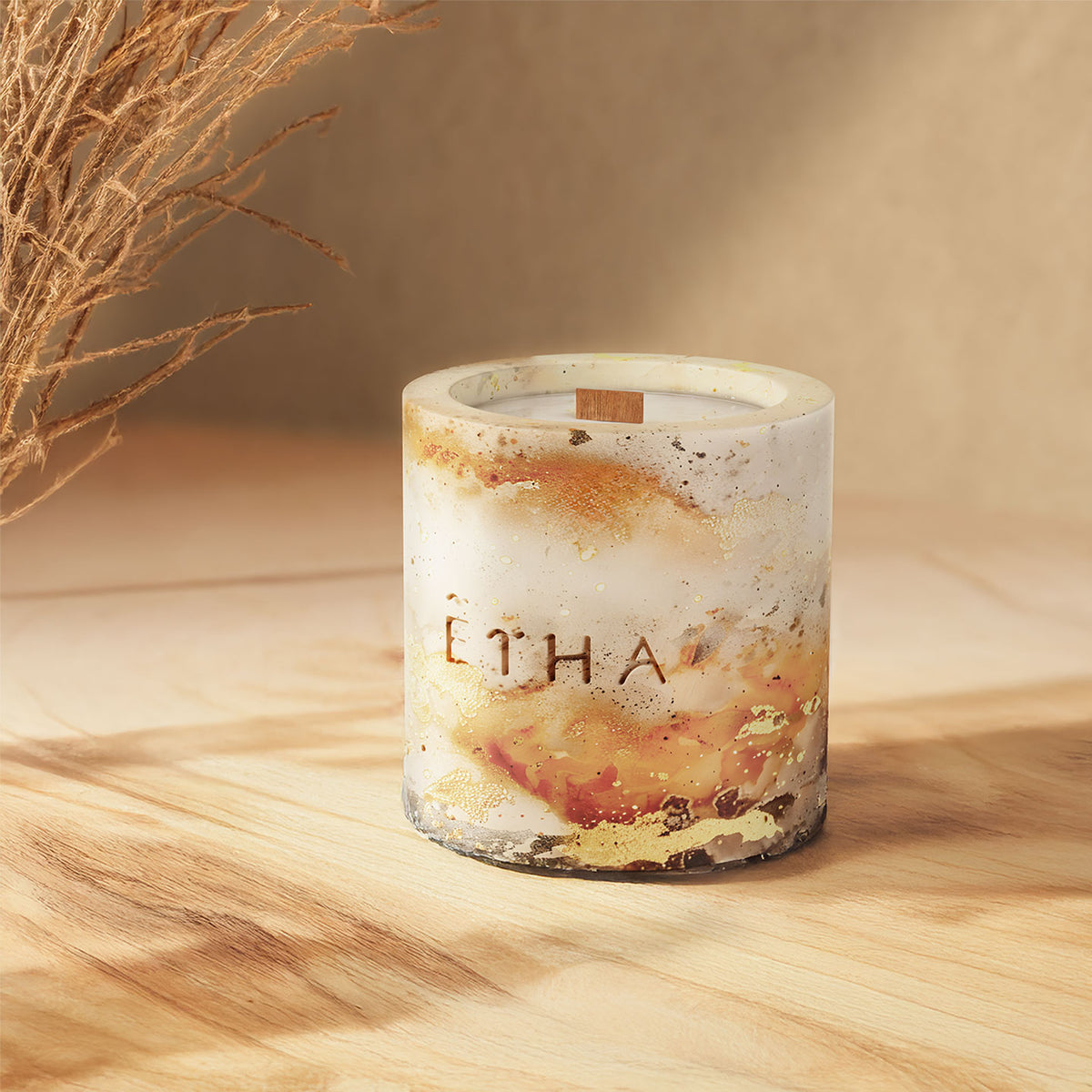 ETHA Wisdom of Earth candle, lit and styled