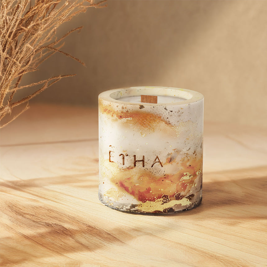 ETHA Wisdom of Earth candle, lit and styled