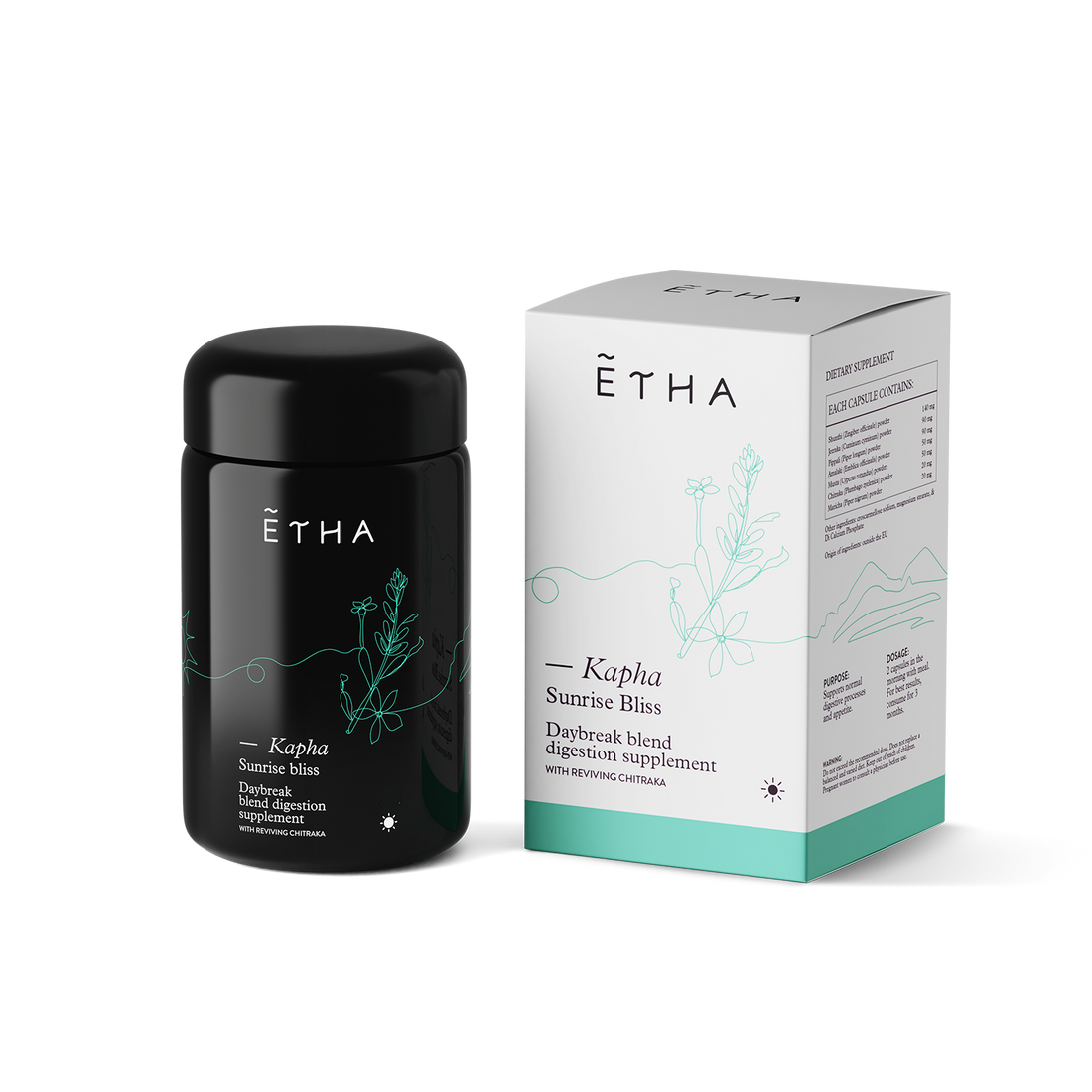 ETHA supplement jar, Kapha Daybreak Blend, jar and box