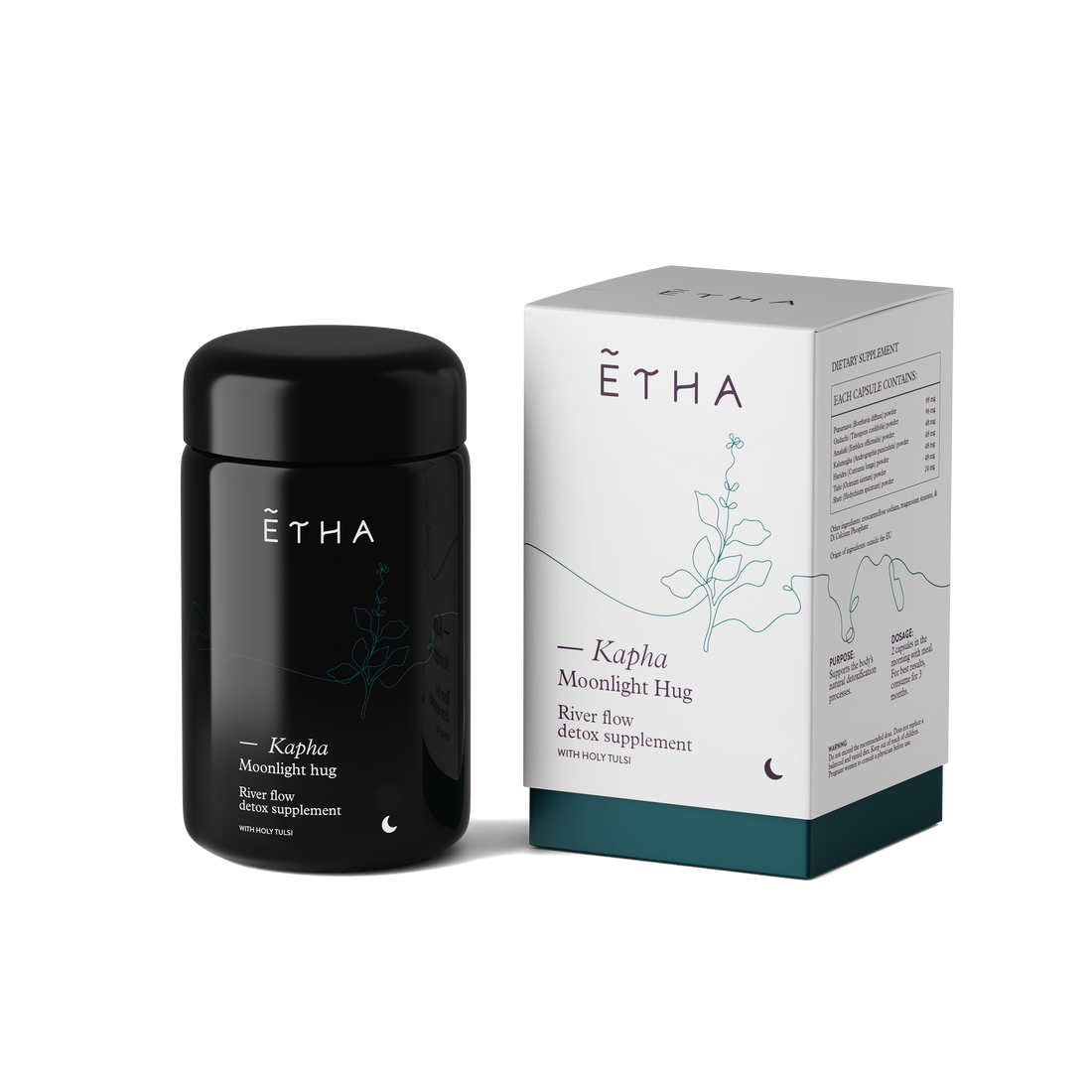 ETHA supplement jar, Kapha River Flow blend, jar and box
