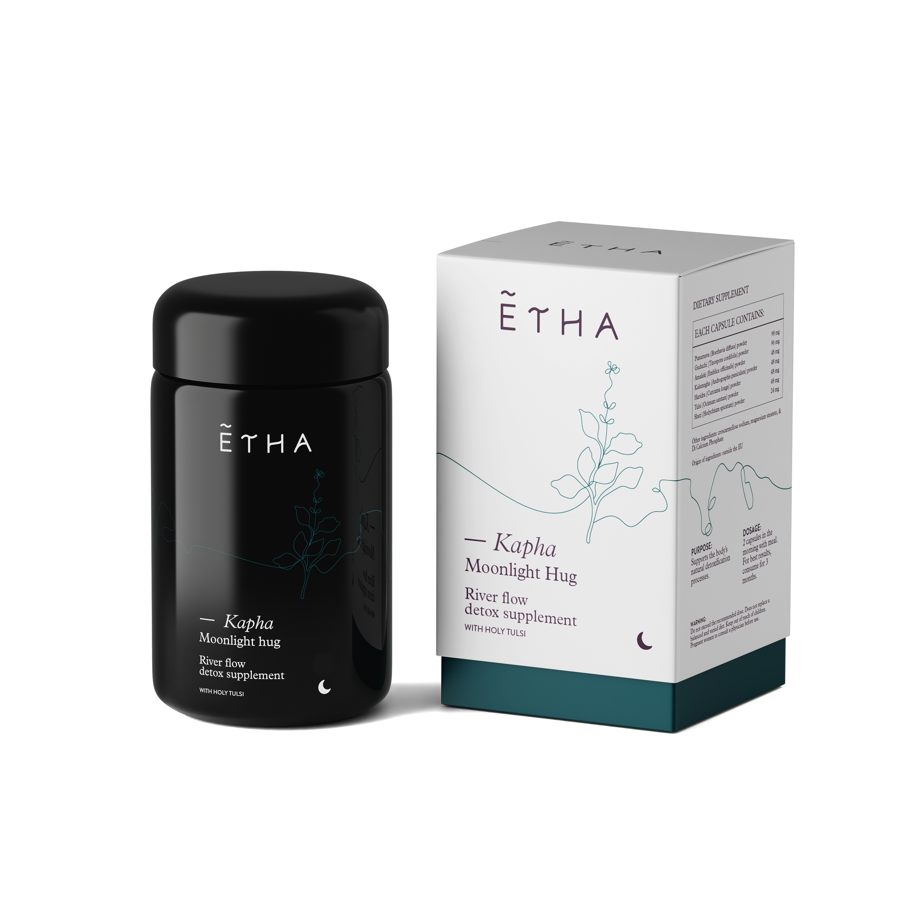 ETHA supplement jar, Kapha River Flow blend, jar and box