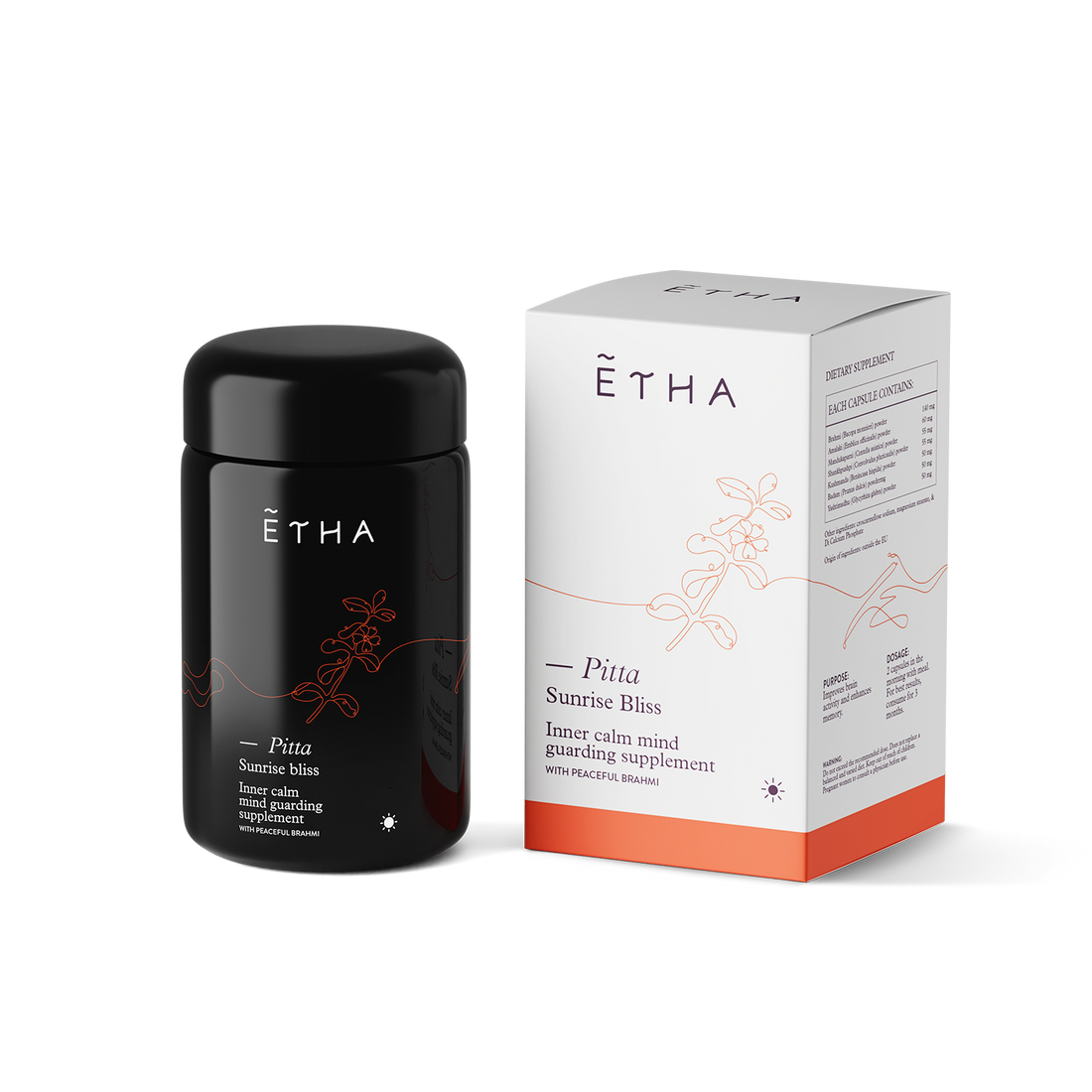 ETHA supplement jar, Pitta Inner Calm blend, jar and box