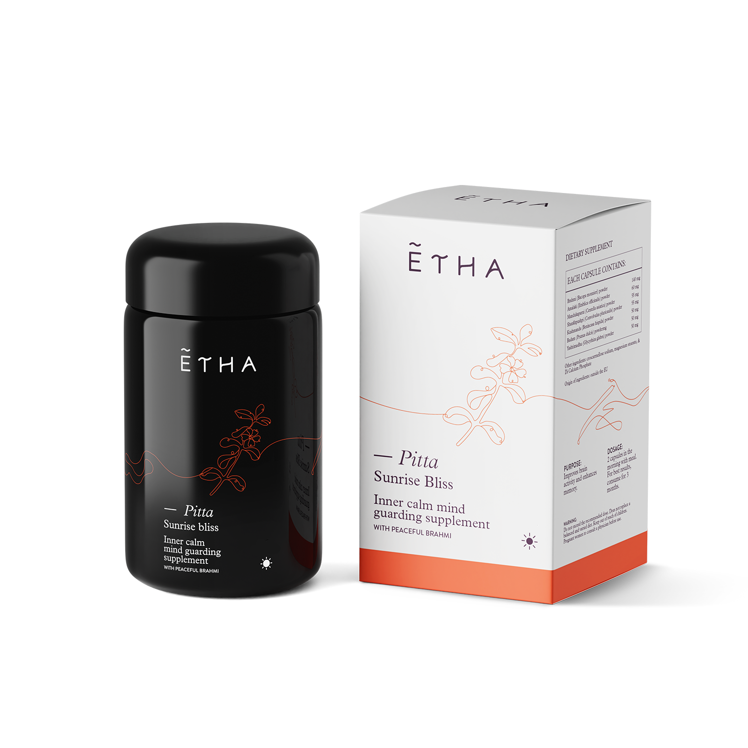 ETHA supplement jar, Pitta Inner Calm blend, jar and box