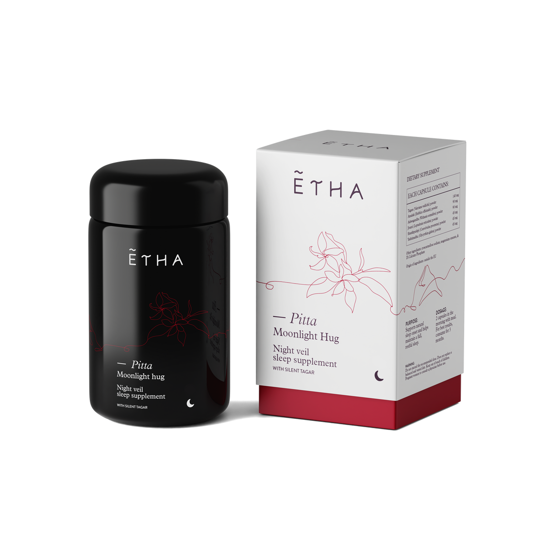 ETHA supplement jar, Pitta Night Veil blend, jar and box
