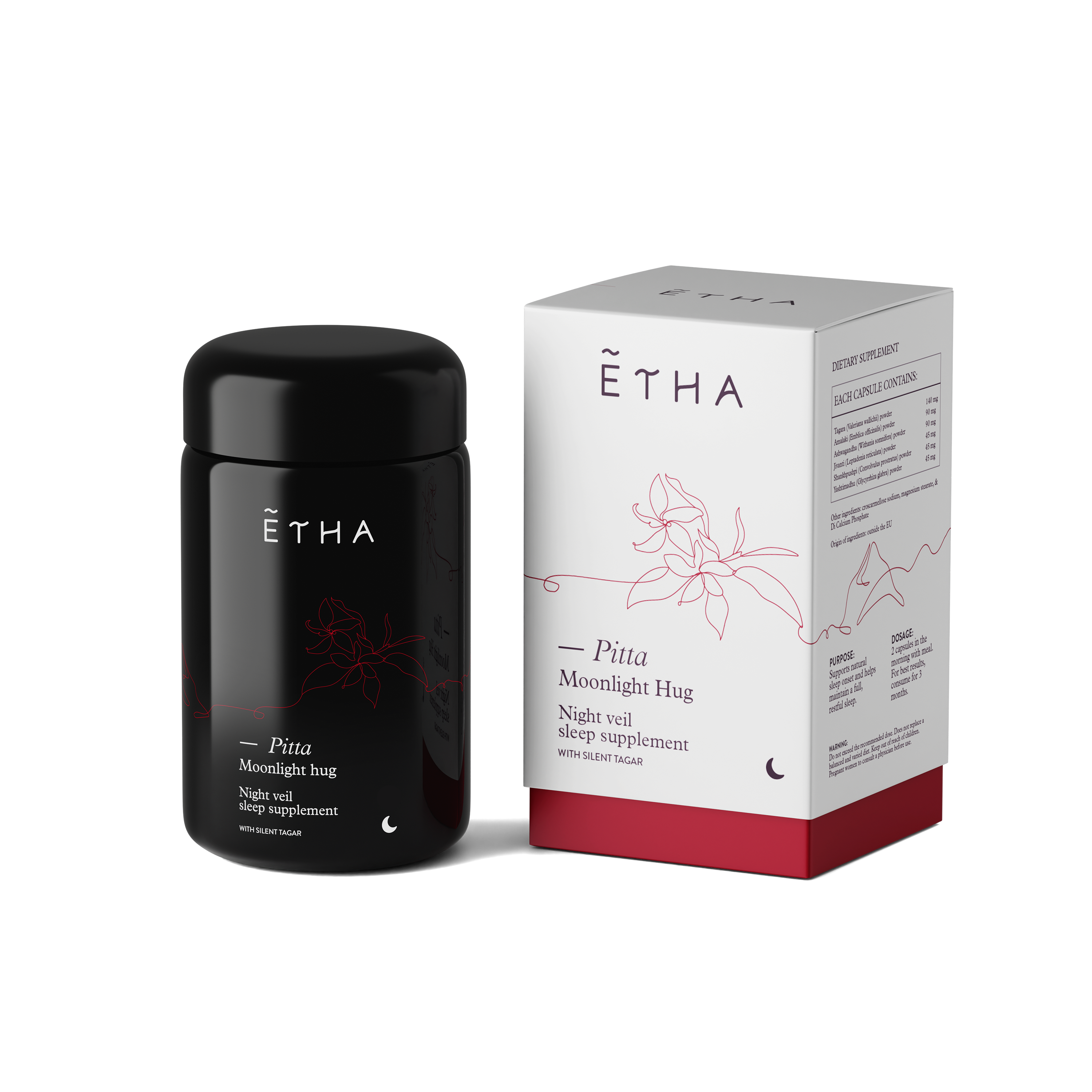 ETHA supplement jar, Pitta Night Veil blend, jar and box