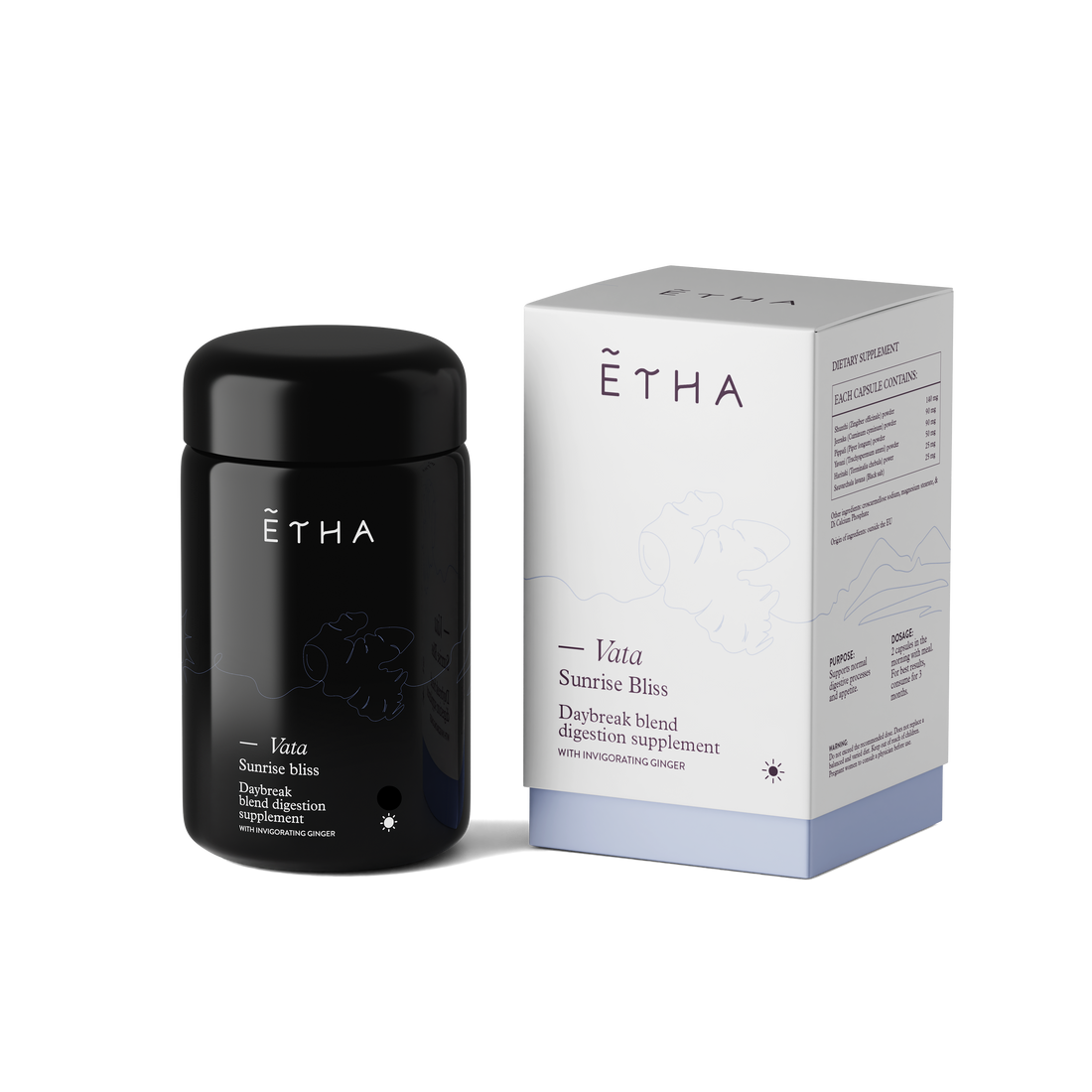 ETHA supplement jar, Vata Daybreak Blend, jar and box