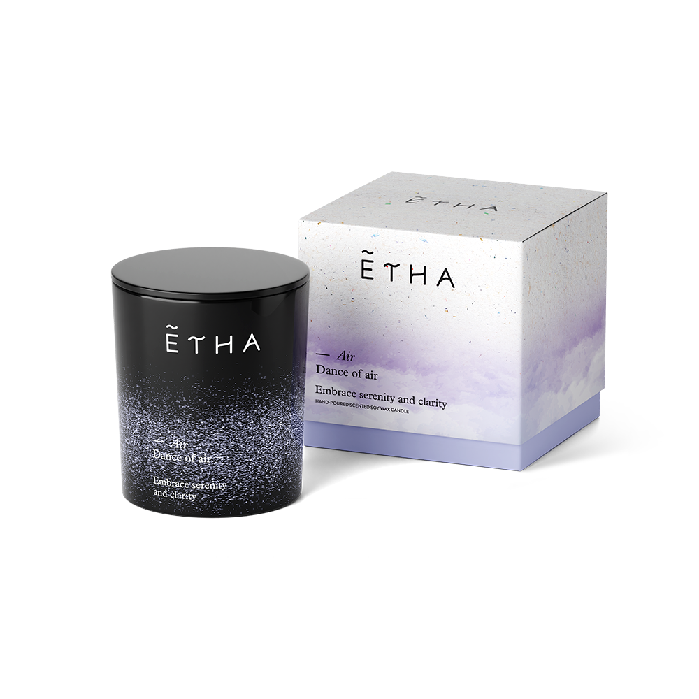 ETHA Five Elements candle, Air scent, jar and box, top view