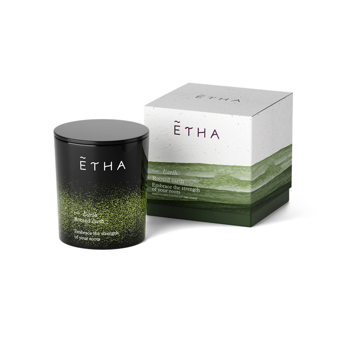 ETHA Five Elements candle, Earth scent, jar and box, top view