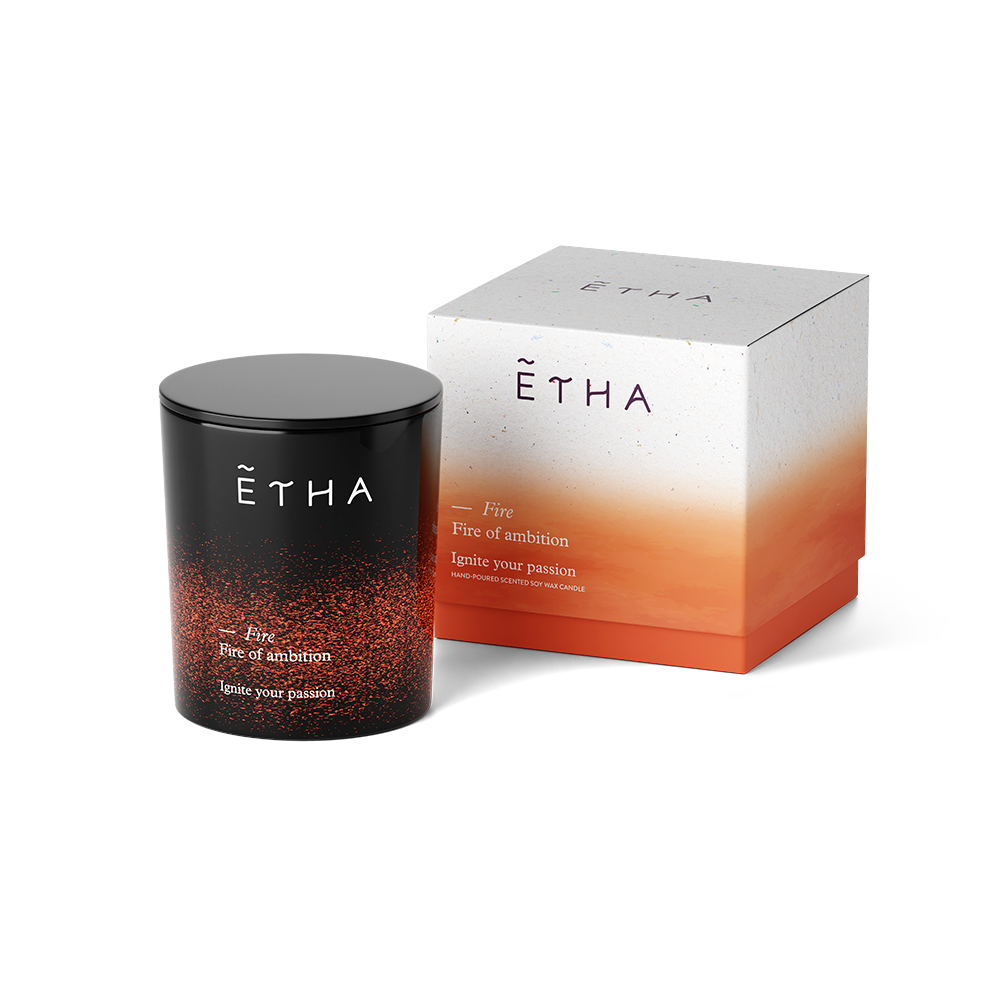 ETHA Five Elements candle, Fire scent, jar and box, top view