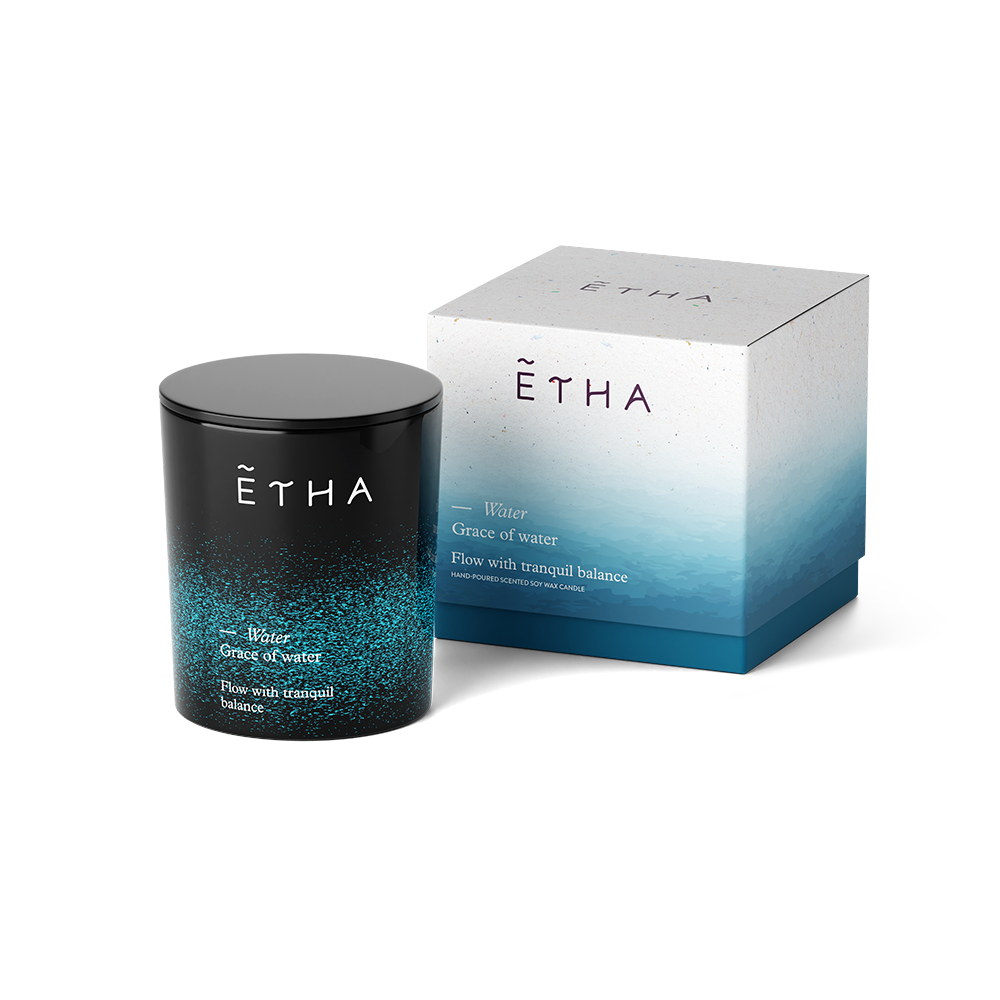 ETHA Five Elements candle, Water scent, jar and box, top view