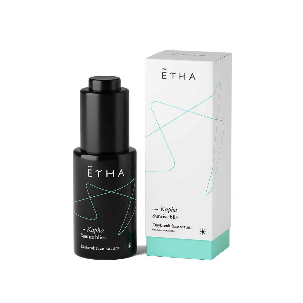 ETHA Kapha face serum bottle and box, top view