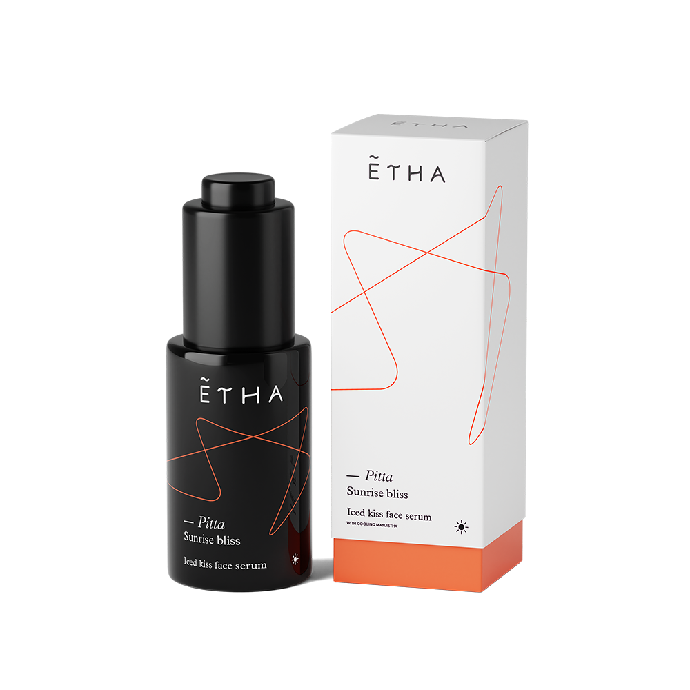ETHA Pitta face serum bottle and box, top view